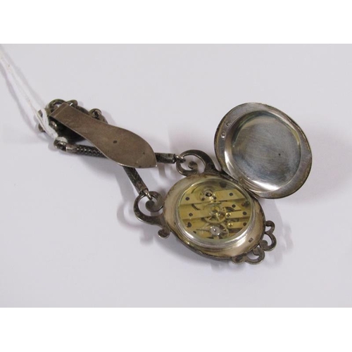 1524 - Late 19c Niello decorated pendant watch with a lapel clasp, overall 12cm l