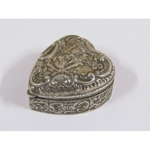 1543 - Two silver heart shaped trinket boxes with embossed decoration, each 5cm w. (one a/f)