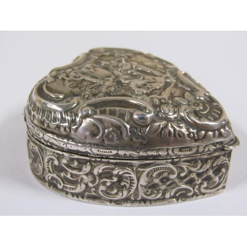 1543 - Two silver heart shaped trinket boxes with embossed decoration, each 5cm w. (one a/f)