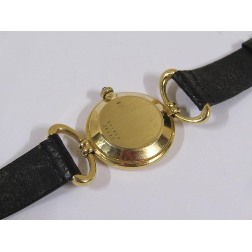 1546 - A ladies Asprey 18ct gold wristwatch movement with leather strap, movement stamps 188849, 21.4g over... 