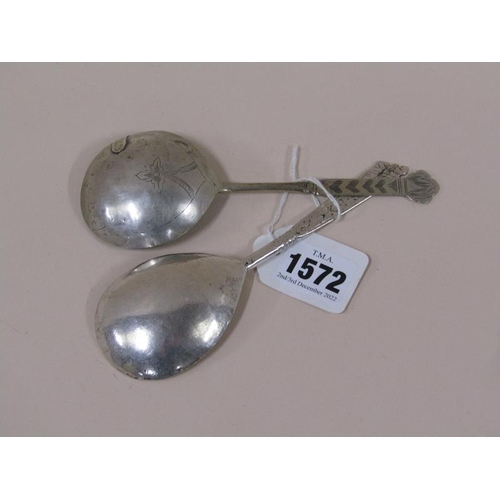 1572 - Pair of 18c silver spoons - possibly Scandinavian, each approx 15cm l