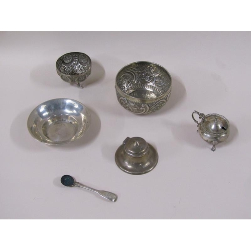 1582 - Collection of two Oriental silver bowls, silver mustard, an inkwell, and a small dish