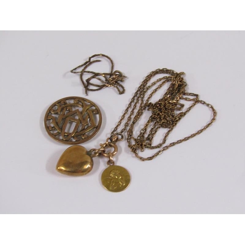 1608 - Gold heart shaped locket together with a gold brooch and chain