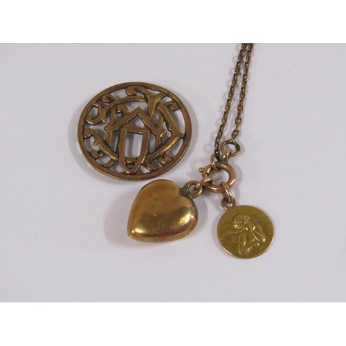 1608 - Gold heart shaped locket together with a gold brooch and chain