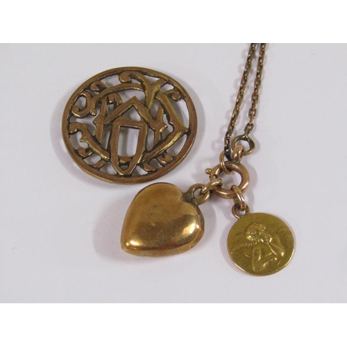 1608 - Gold heart shaped locket together with a gold brooch and chain