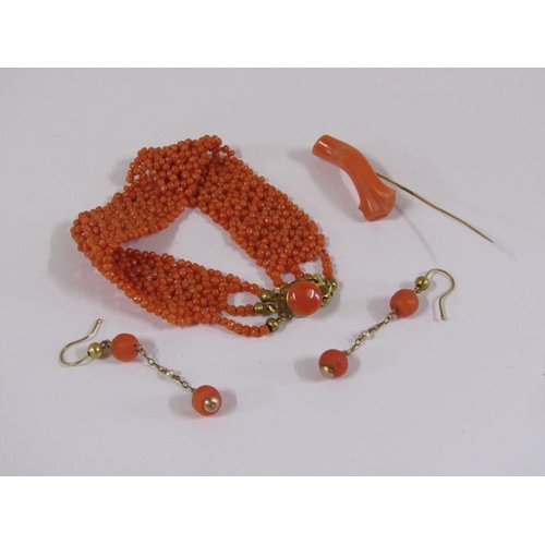 1620 - A collection of coral jewellery top include a beaded bracelet, pair of ear drops and a pin brooch.