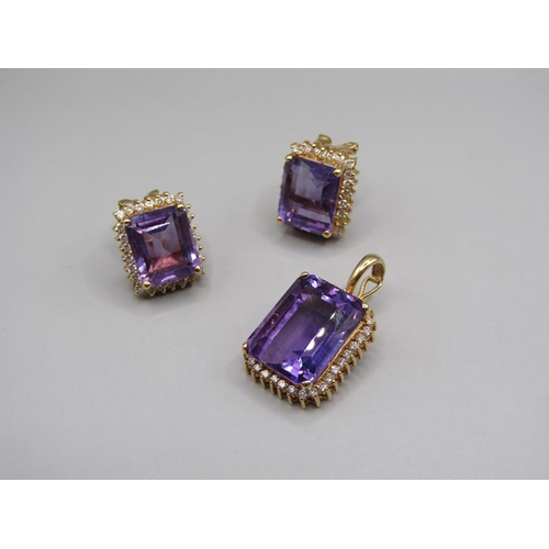 1647 - Pair of gold and amethyst set earrings and one pendant