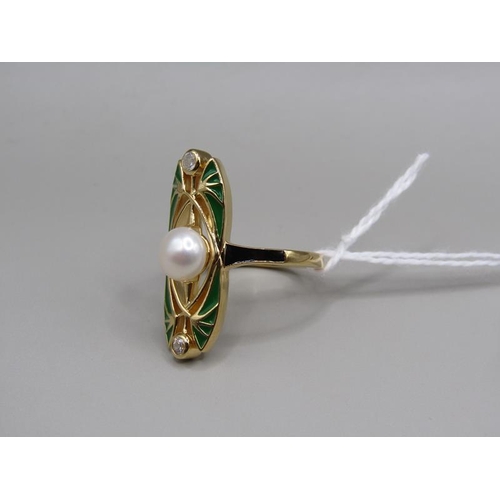 1655 - Silver gilt green enamel and cultured pearl ring size p/Q