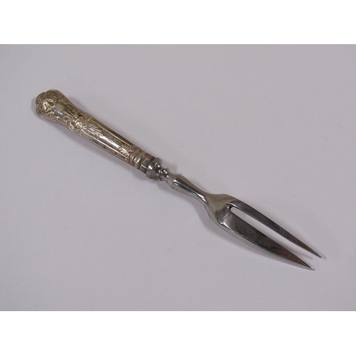 1682 - Box of six silver teaspoons and a pair of tongs together with box of six silver handled serving fork... 