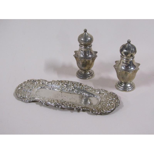 1683 - Pair of silver pepperettes and one small tray