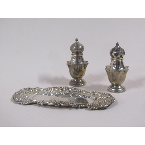 1683 - Pair of silver pepperettes and one small tray