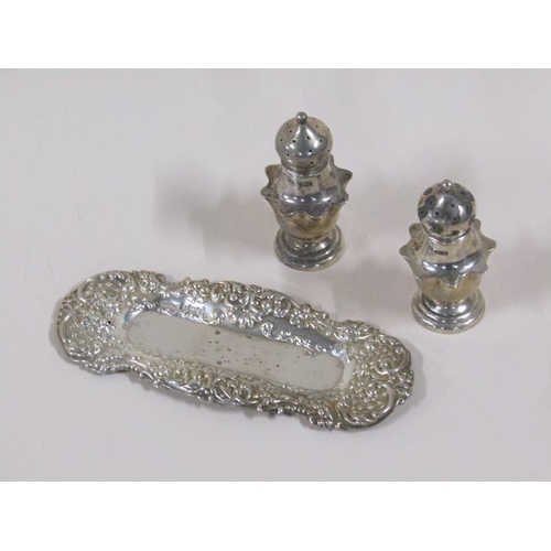 1683 - Pair of silver pepperettes and one small tray