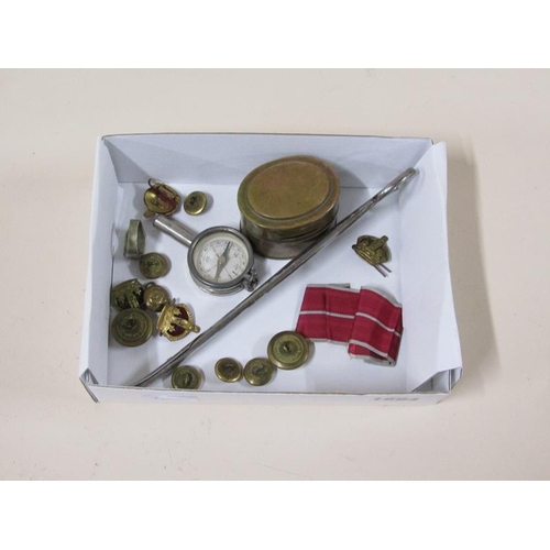 1694 - Mixed collection of military buttons, brass stud box, pocket compass, pair of surgical scissors and ... 