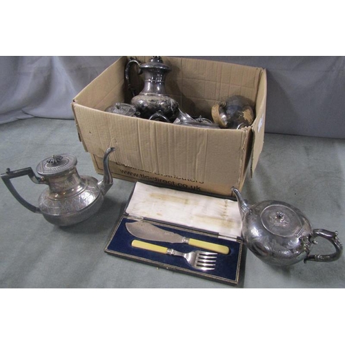 1838 - Box of misc. items of silver plate inc. coffee and tea pots