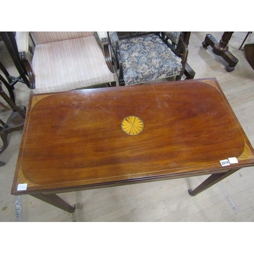 2019 - Early 19c mahogany inlaid fold over card table of rectangular form with straight tapering reeded leg... 