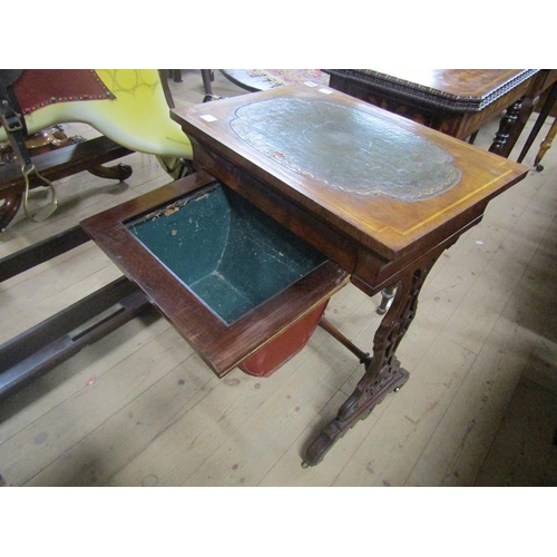 2054 - 19c Rosewood needlework table with hinged rising lid with pouch supported on carved stretcher frame ... 