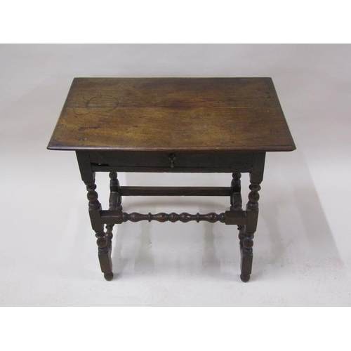 2015 - An 18c oak side table of rectangular form with moulded edge, fitted one long frieze drawer supported... 