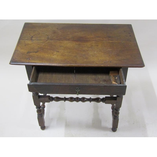 2015 - An 18c oak side table of rectangular form with moulded edge, fitted one long frieze drawer supported... 