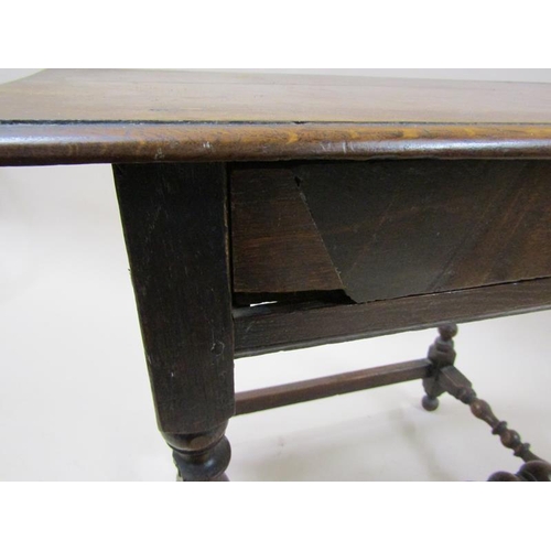 2015 - An 18c oak side table of rectangular form with moulded edge, fitted one long frieze drawer supported... 