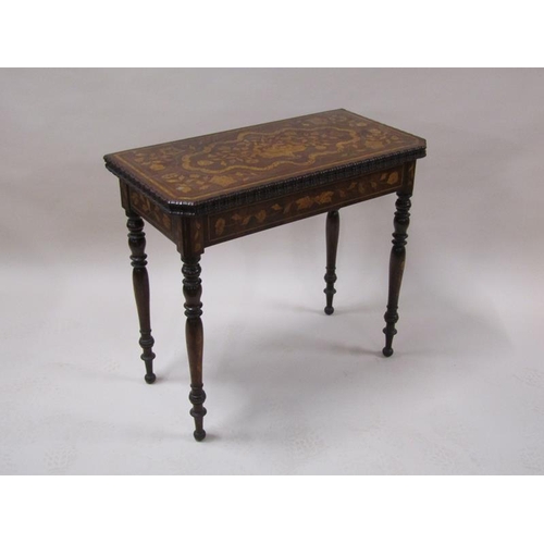 2055 - An early 19c mahogany marquetry decorated fold over card table, the open top with trump card corners... 