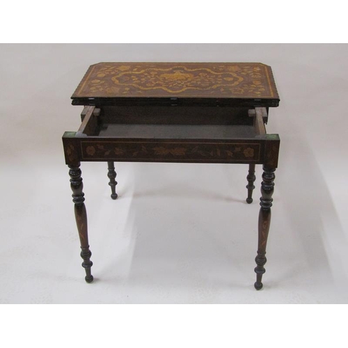 2055 - An early 19c mahogany marquetry decorated fold over card table, the open top with trump card corners... 