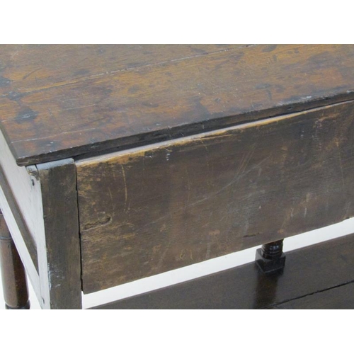 2068 - A late 18c/early 19c English oak three drawer dresser base with pot board, supported on ring turned ... 