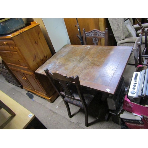 538 - OAK DRAWER LEAF DINING TABLE AND TWO CHAIRS