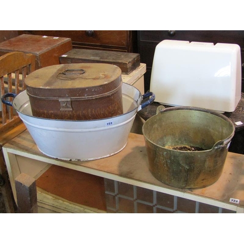 723 - ENAMEL WASH TUB, HAT BOX, JAM PAN