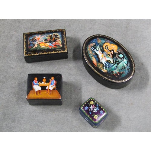 1418A - Three Russian black lacquered boxes and one Cloisonné (5cms w) box and cover