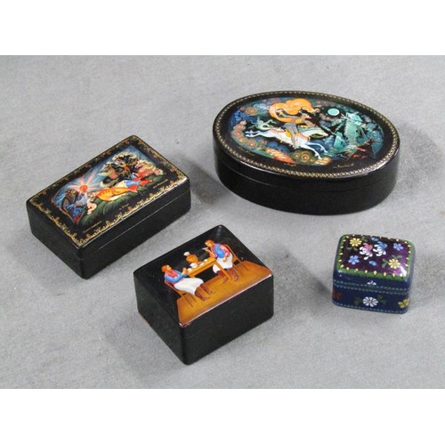 1418A - Three Russian black lacquered boxes and one Cloisonné (5cms w) box and cover