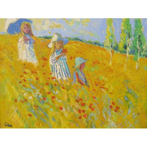 1265 - John Ash, three children in a poppy field, signed.  Oil on board.  Framed 50 x 61 cms