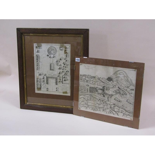 1302 - Two black and white book prints, one Cahir Castle taken by the Earl of Essex in 1599.  Framed 30 x 3... 