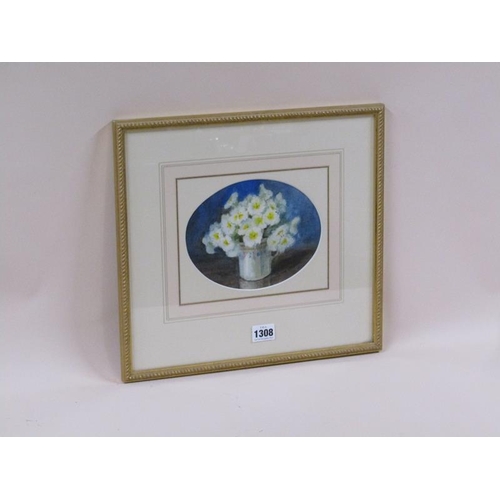 1308 - Marion Broom, Primroses, watercolour.  Oval f/g 14 x 18 cms