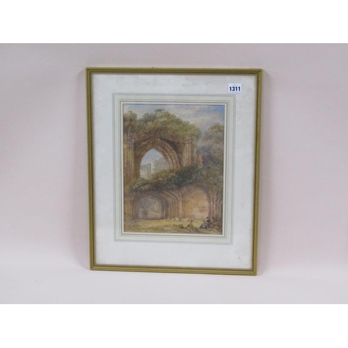 1311 - Unsigned 19c figures resting in a ruined Abbey watercolour f/g 32 x 24 cms