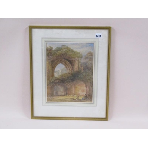 1311 - Unsigned 19c figures resting in a ruined Abbey watercolour f/g 32 x 24 cms