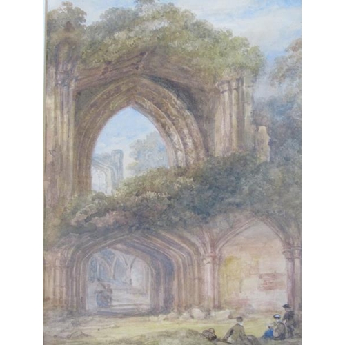 1311 - Unsigned 19c figures resting in a ruined Abbey watercolour f/g 32 x 24 cms