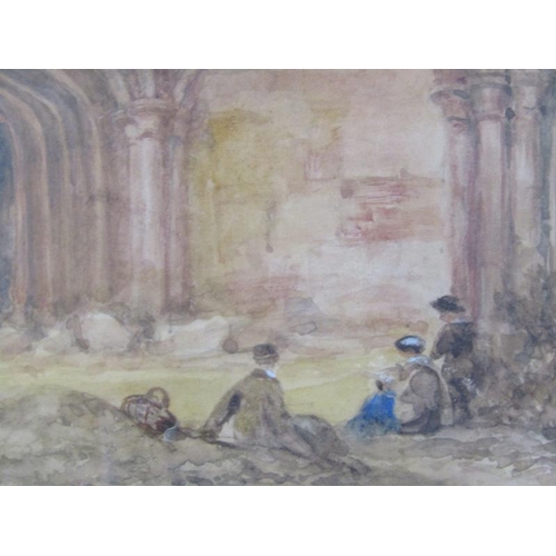 1311 - Unsigned 19c figures resting in a ruined Abbey watercolour f/g 32 x 24 cms