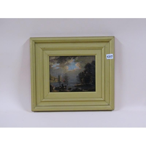 1317 - Unsigned 19c, an 18c sailing vessel in a harbour setting.  Framed 15 x 20 cms