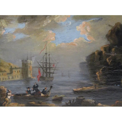 1317 - Unsigned 19c, an 18c sailing vessel in a harbour setting.  Framed 15 x 20 cms