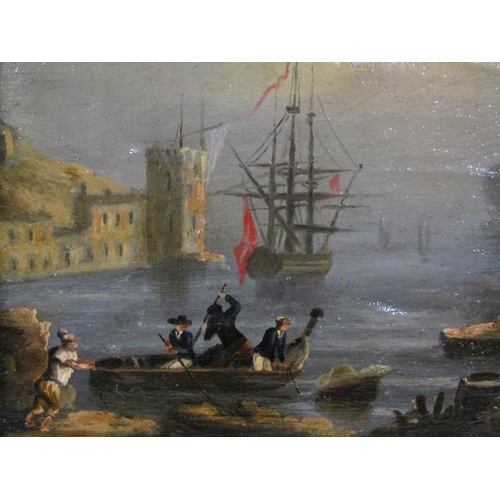 1317 - Unsigned 19c, an 18c sailing vessel in a harbour setting.  Framed 15 x 20 cms