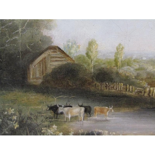 1318 - Unsigned 19c, cattle watering, oil on canvas framed 15 x 19cms