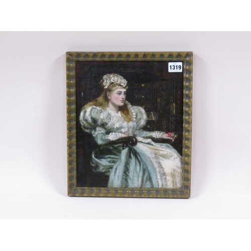 1319 - Unsigned, portrait of a young lady holding flowers, oil on canvas.  Framed 29 x 25 cms