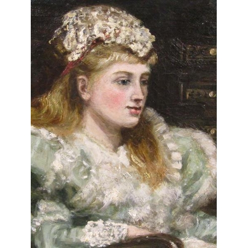 1319 - Unsigned, portrait of a young lady holding flowers, oil on canvas.  Framed 29 x 25 cms