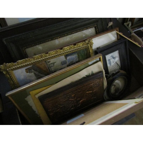 168 - BOX OF FRAMED PICTURES NAD PRINTS TO INCL OILS