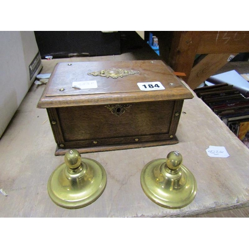 184 - EARLY 20C OAK CIGARETTE BOX; TWO BRASS SEAL STAMP PRESSES