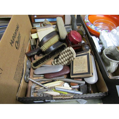 187 - BOX TO INCL VINTAGE PENS, PIPES, CLOTHES RUSHES ETC