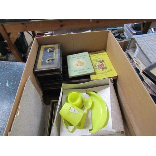 188 - BOX OF MISC TO INCL BEATRIX POTTER BOOKS, NURSERY WARES, SAFE TIN ETC