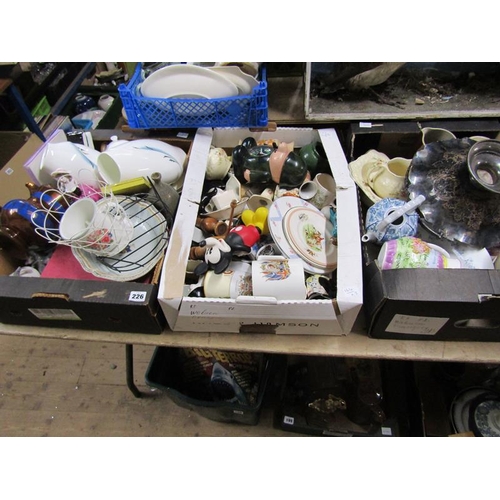 226 - THREE BOXES OF MIXED CERAMICS, SILVER PLATE ETC