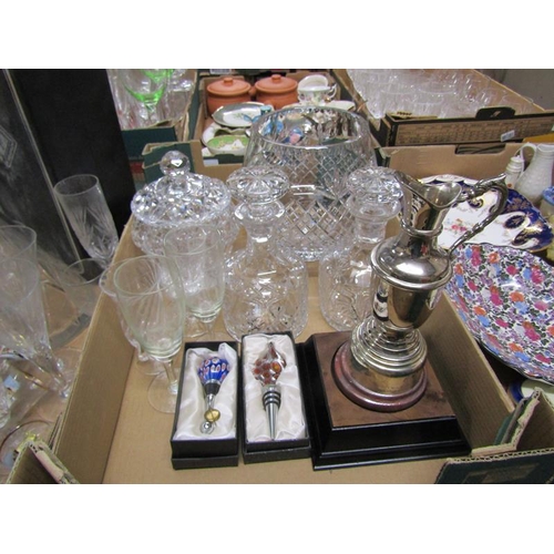 238 - BOX OF SILVER PLATE AND CRYSTAL GLASS, BOTTLE STOPPERS ETC