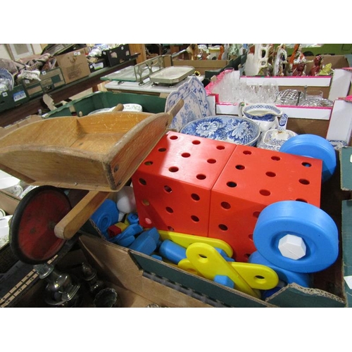 246 - BOX OF BUILDING TOYS, CHLIDS WHEELBARROW